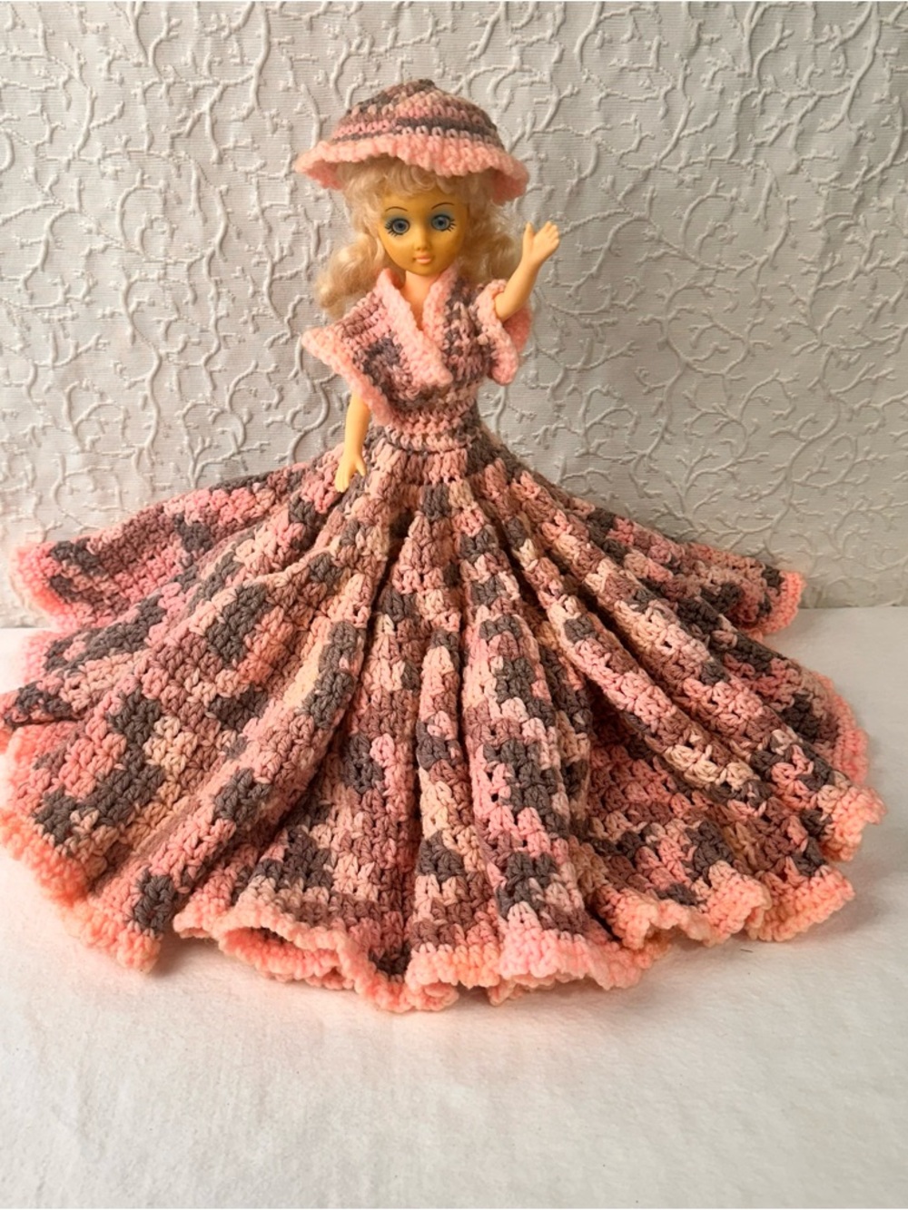 Vintage Plastic Doll Crochet Handmade Dress Kids Toy Needlecraft Art Hat